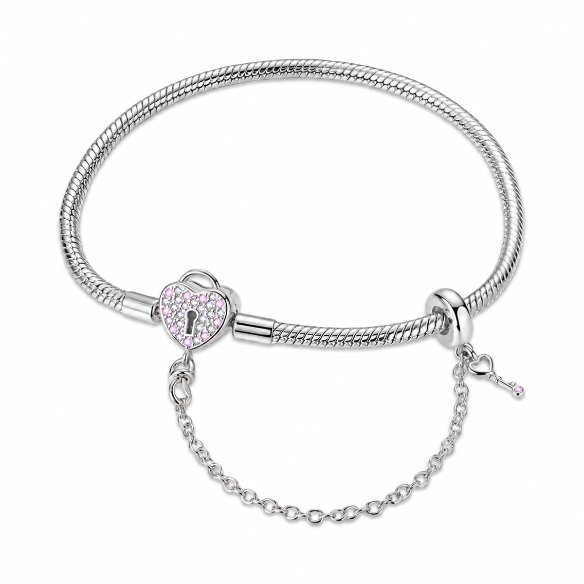 Heart & Key Charm Bracelet in silver tone with pink and clear accents