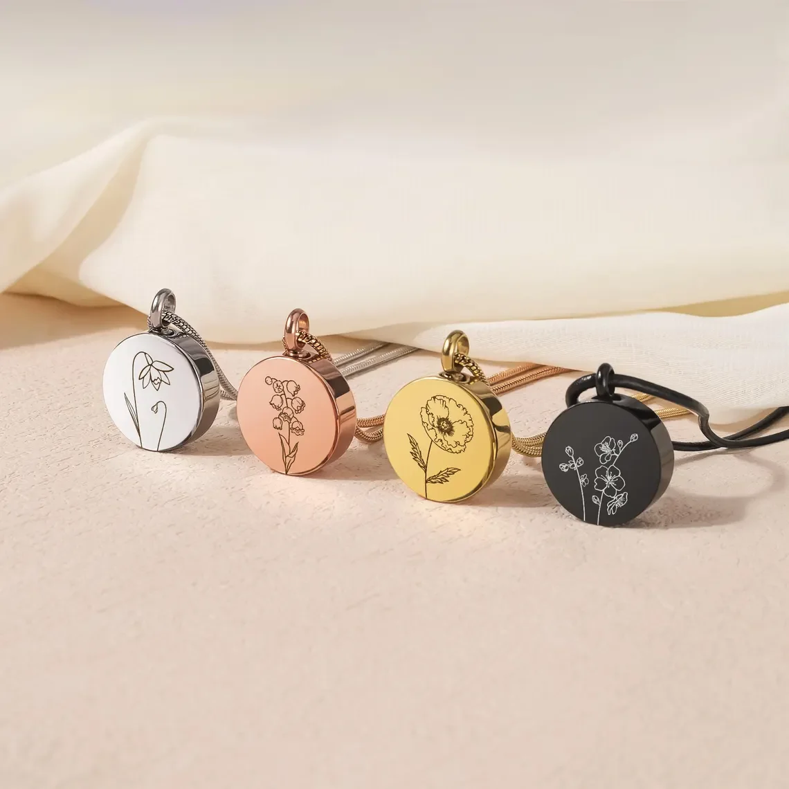 Round Memorial Pendant – Personalised With Birth Flower or Flower of your choice