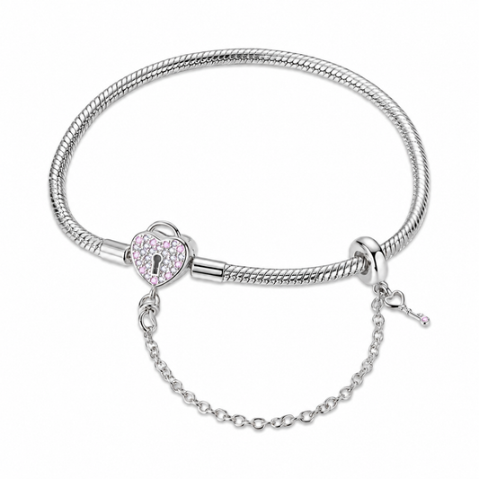 Heart & Key Charm Bracelet in silver tone with pink and clear accents