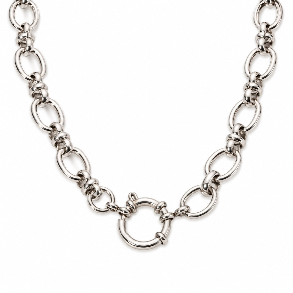 Silver-Tone Oval Link Connector Chain Necklace on white background