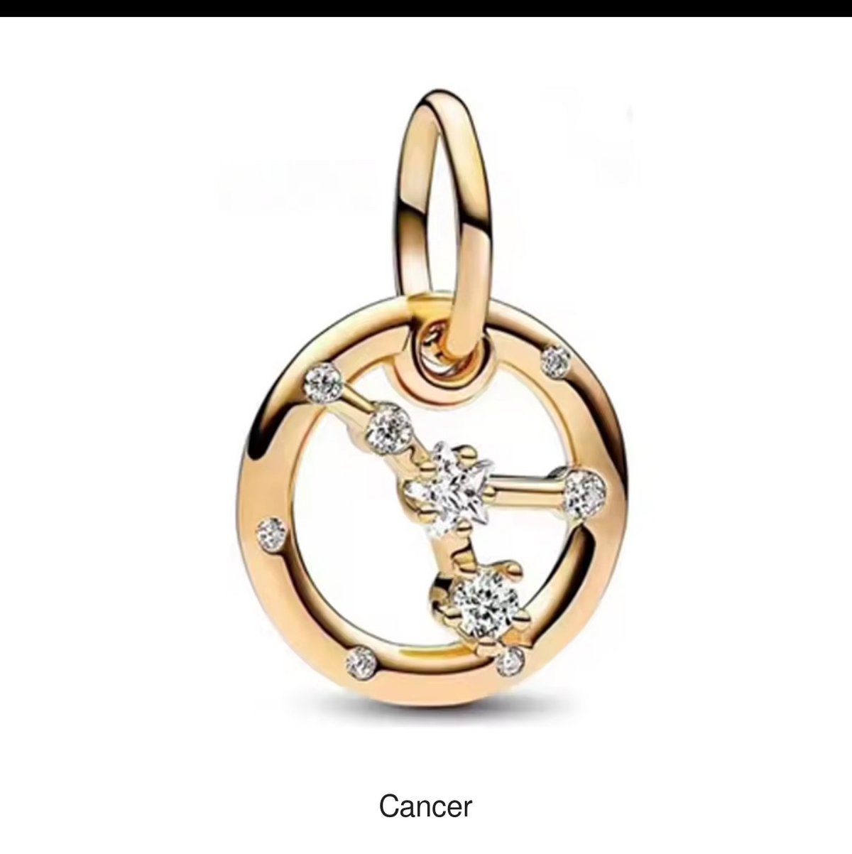 Cancer gold-tone constellation charm, labelled beneath
